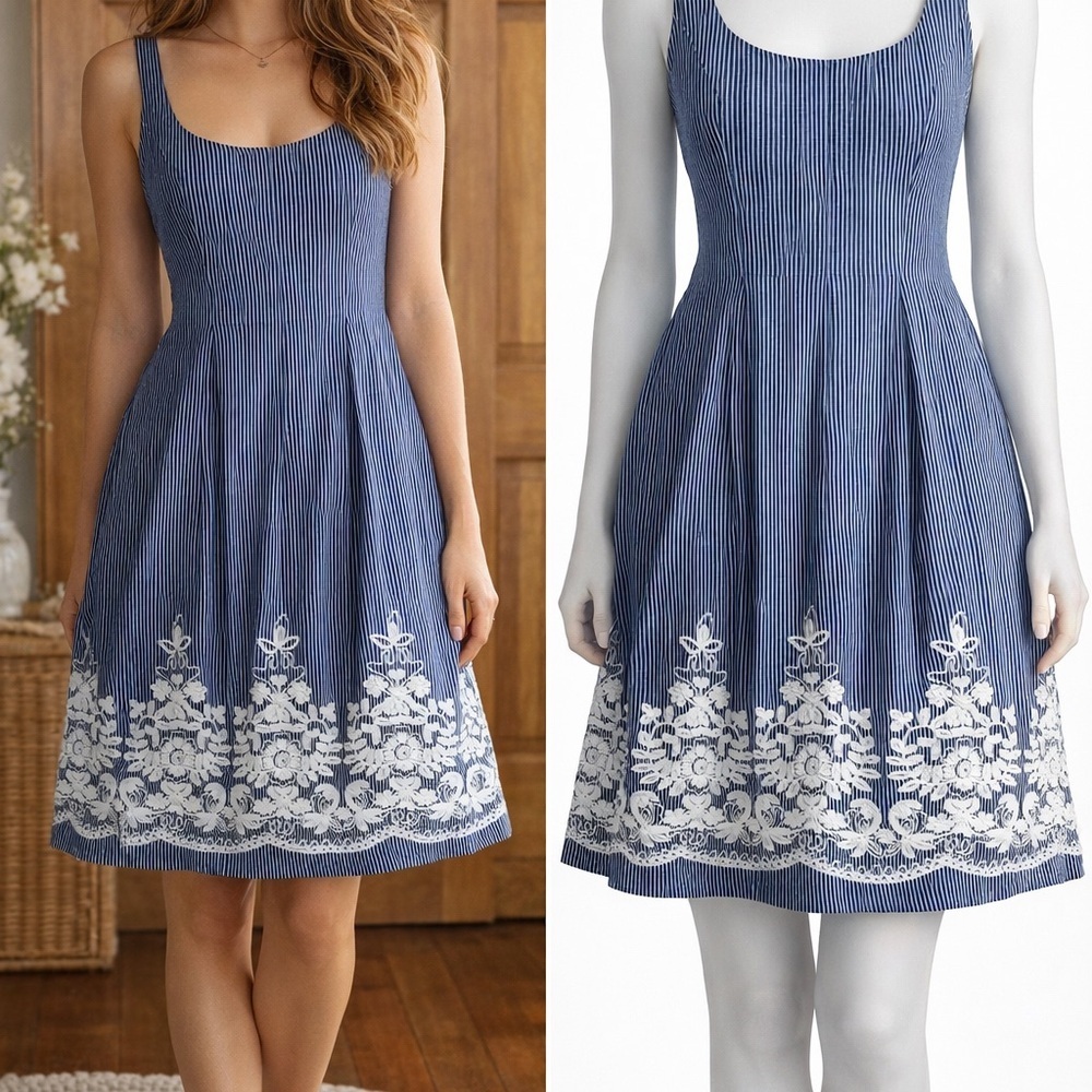 Nine West Blue and White Striped Midi Dress with White Floral Border